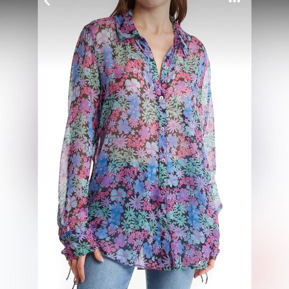 Free People Blouse/Tunic in Blue/Rose/Green/Black Floral Print. Size Large. - Picture 2 of 4
